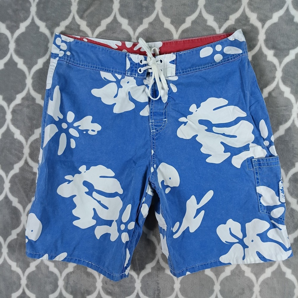 Counter Culture Board Shorts Men Size 36 Blue White Hibiscus Hawaiian Cotton